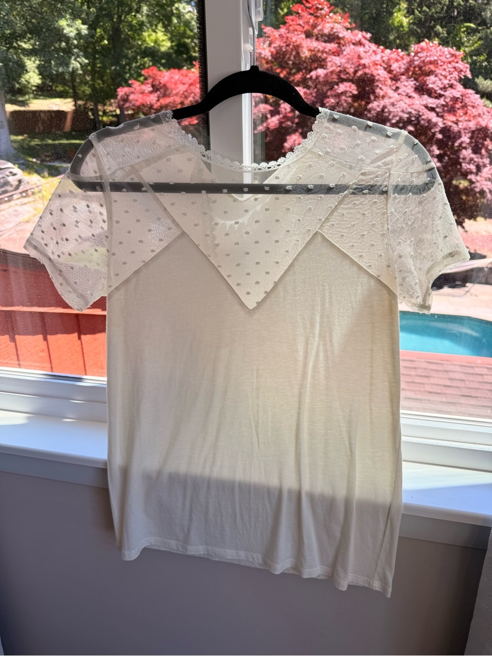 Maje Ivory Sheer Dot Lace Trim Blouse
